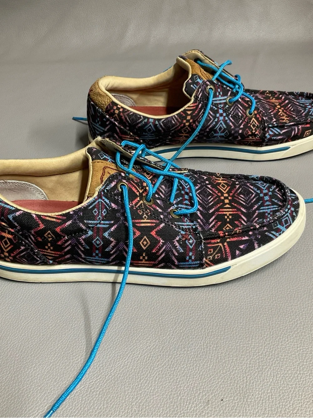 Twisted X Men’s Black Aztec-Print Boat Shoes with Bright Blue Laces